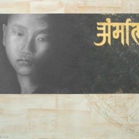 Acrylgemälde in Erdtönen mit goldenem Mantra und Grisaille  eines nepalesischen Mönches